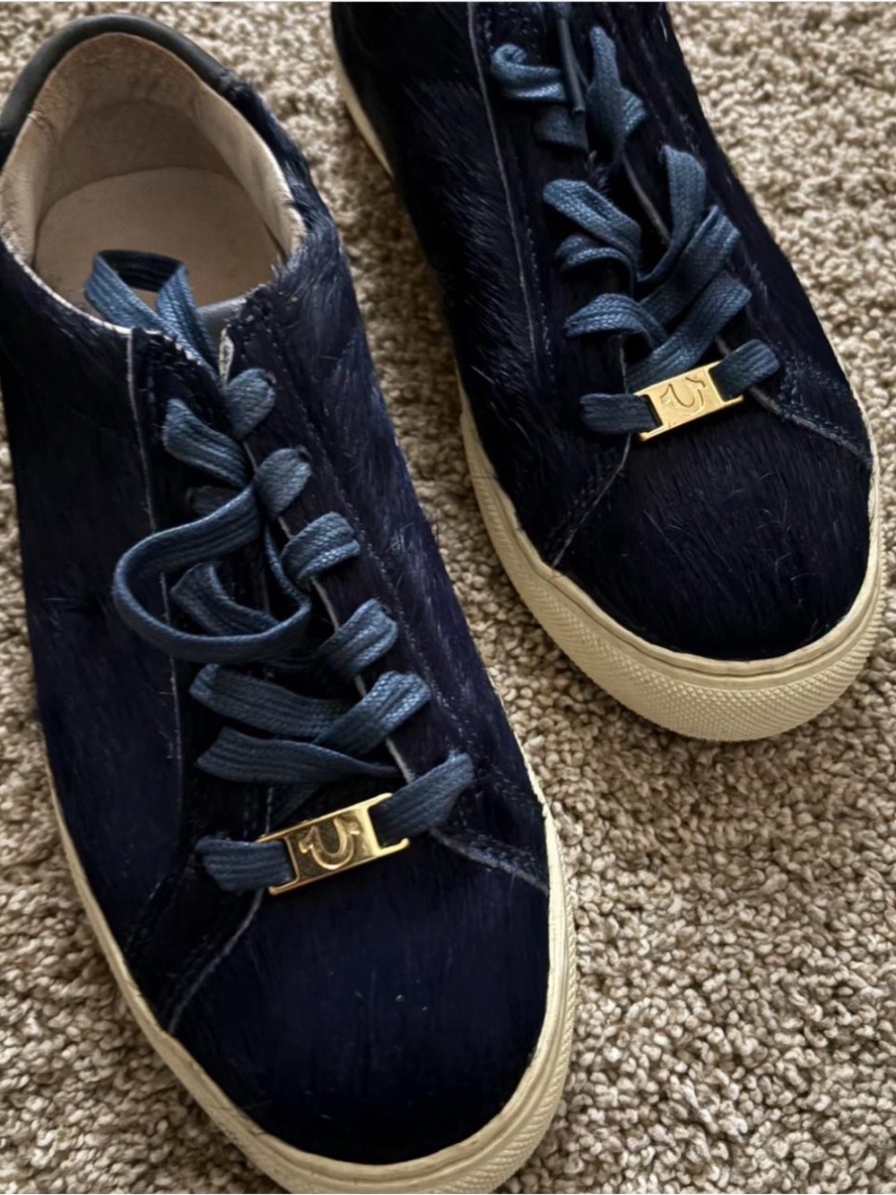 True Religion Navy Pony Hair Sneakers with Gold Logo Accent